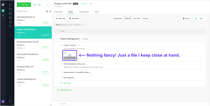 Project charter in Paymo