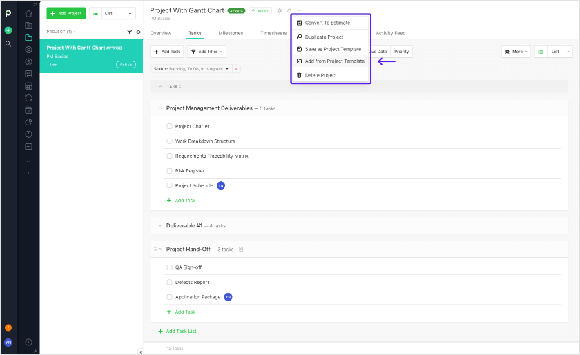 Project template in Paymo