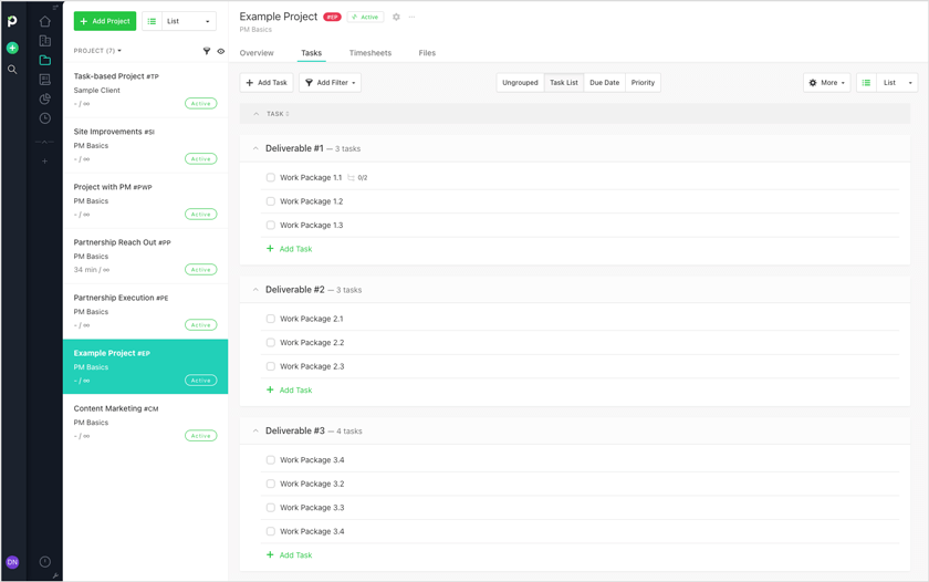 List of deliverables in Paymo