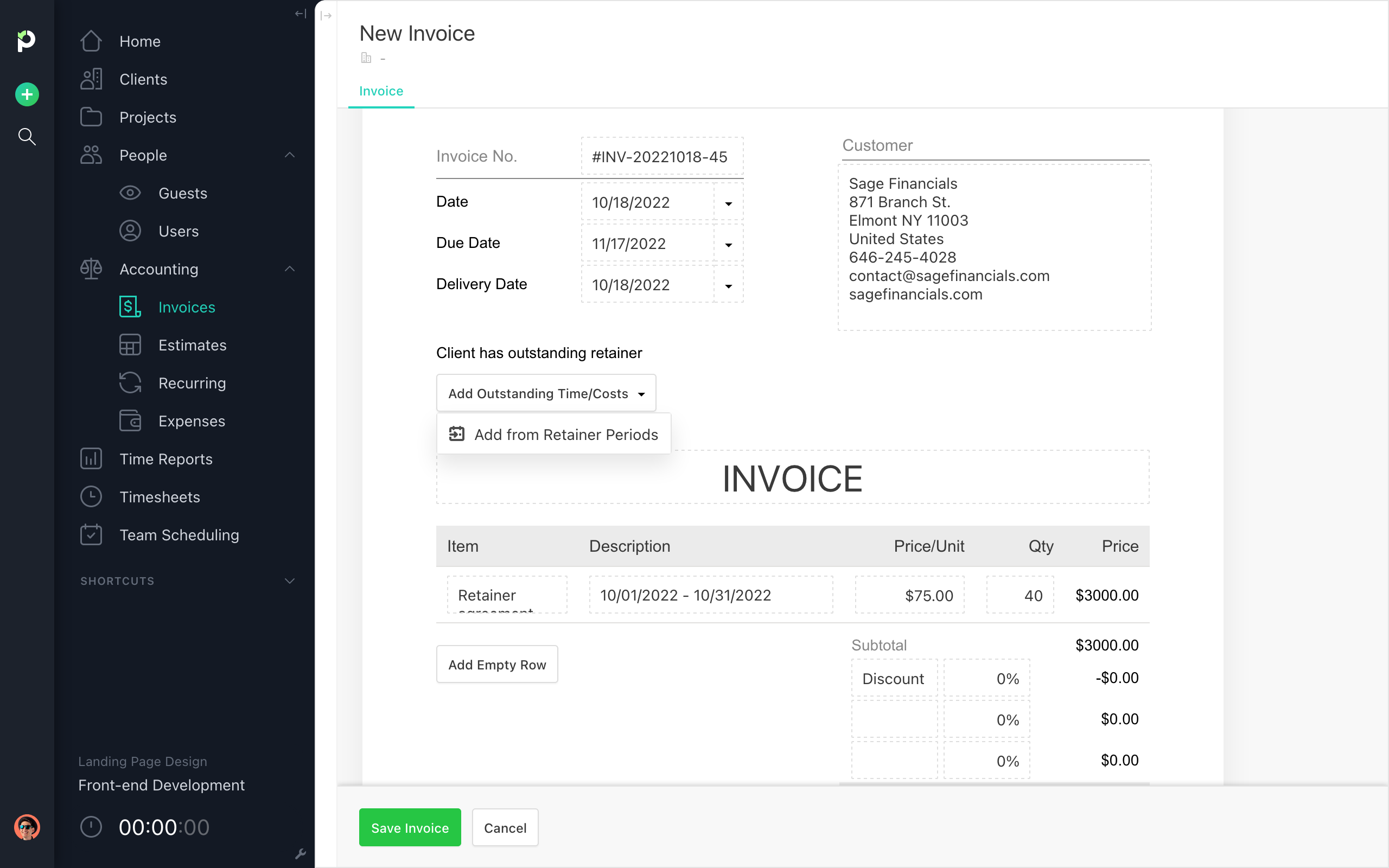 Invoice based on outstanding retainer